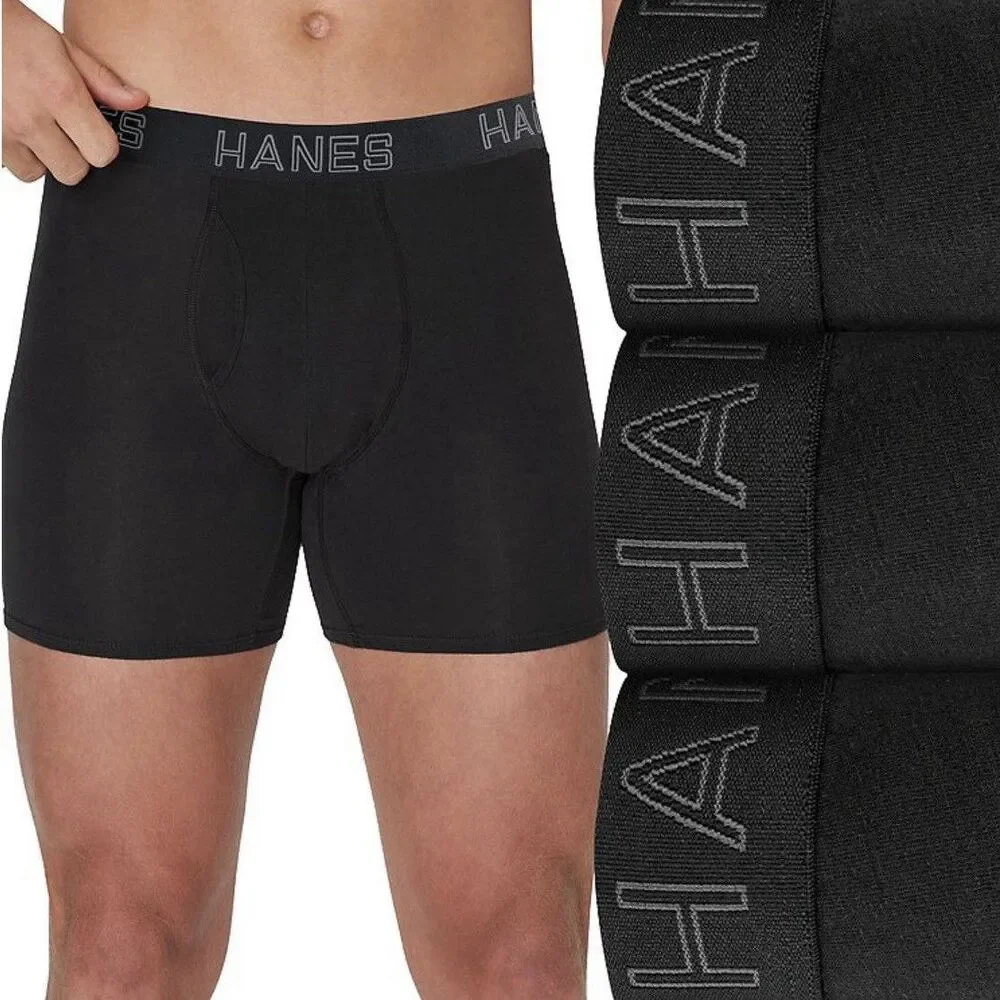 Hanes Men's Large 3-Pack Black Cotton Blend Stretch Boxer Briefs Wicking 36-38”